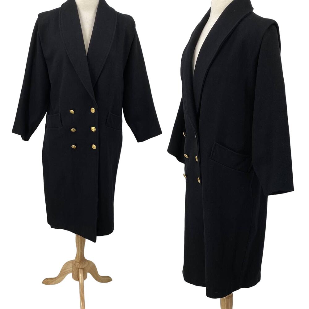 Vintage Mariel Wool Peaoat Double Breasted Gold Button Down Black Womens 10